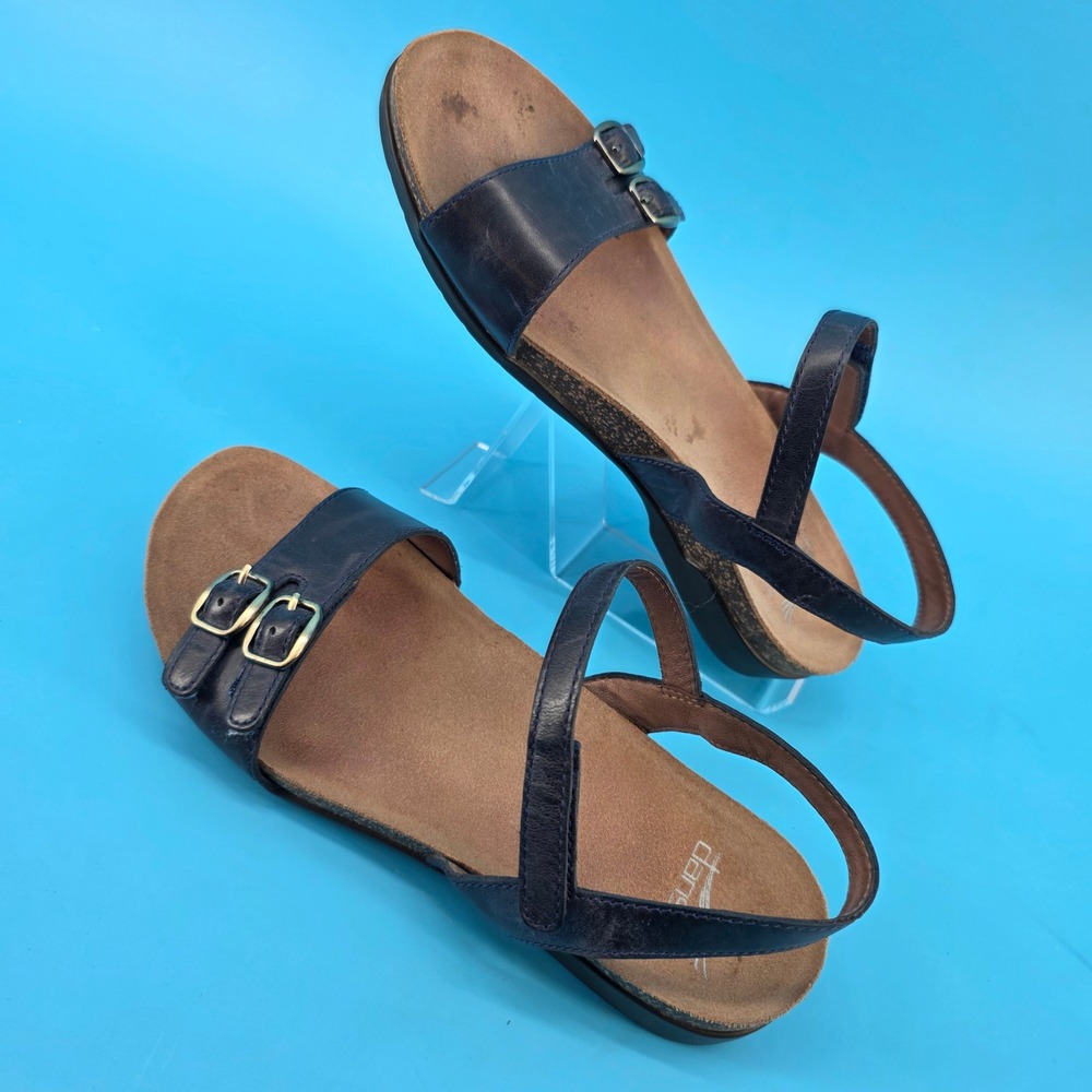 Dansko Womens Navy Leather Slingback Wedge Sandals Size 37 Buckle Hook Loop